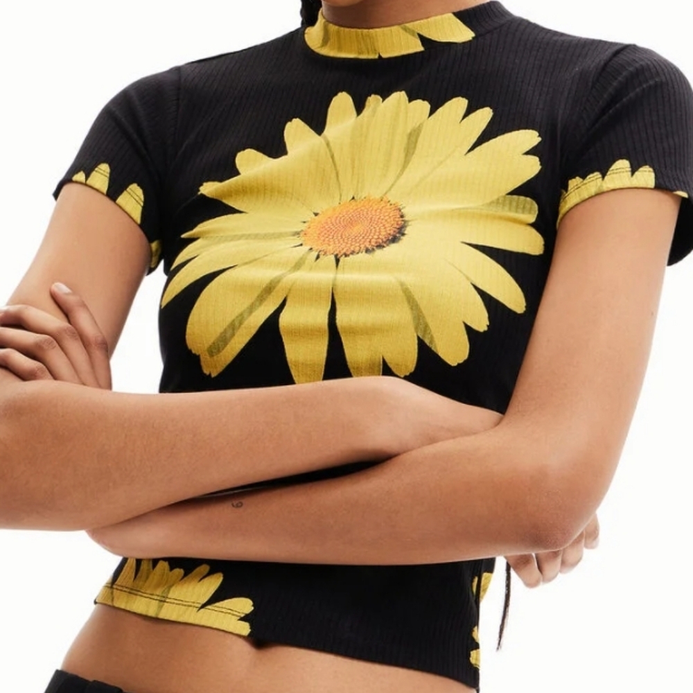 Desigual Black Tee with Yellow Floral Design